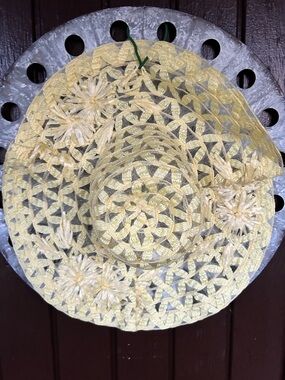 Vintage floppy Yellow Woven Straw Sun Hat with Floral Accents